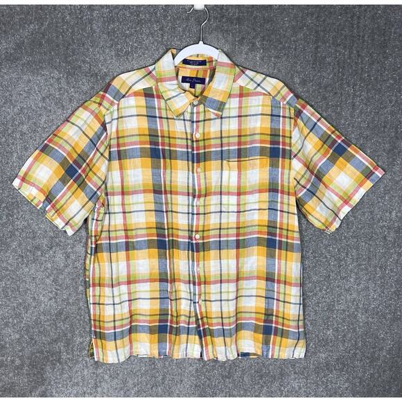Alan Flusser Linen‎ Blend Shirt Mens Size Large Plaid Short Sleeve Button Up - Picture 1 of 6
